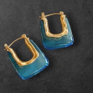 Blue Lucite Anthropologie Gold Huggie Earrings